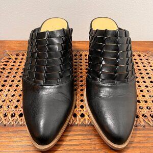 Size 8.5 Black Dark Academica Woven Structured Slip On Statement Block Heel Mule